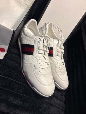 Gucci White Micro Guccissima Leather Web Low Top Sneakers 233334